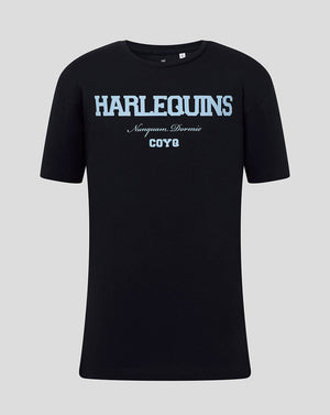 Black Harlequins junior varsity T-shirt with blue logo text across chest