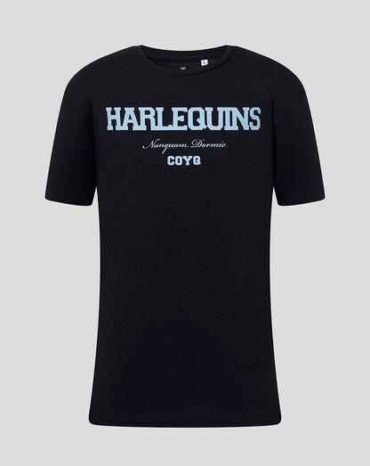 Black Harlequins junior varsity T-shirt with blue logo text across chest