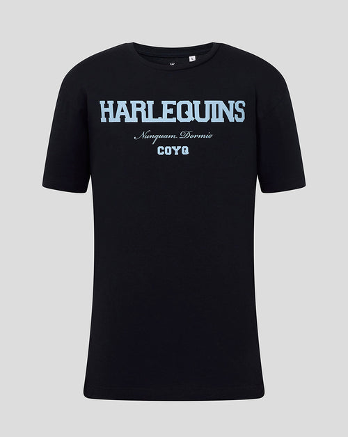 Black Harlequins junior varsity T-shirt with blue logo text across chest