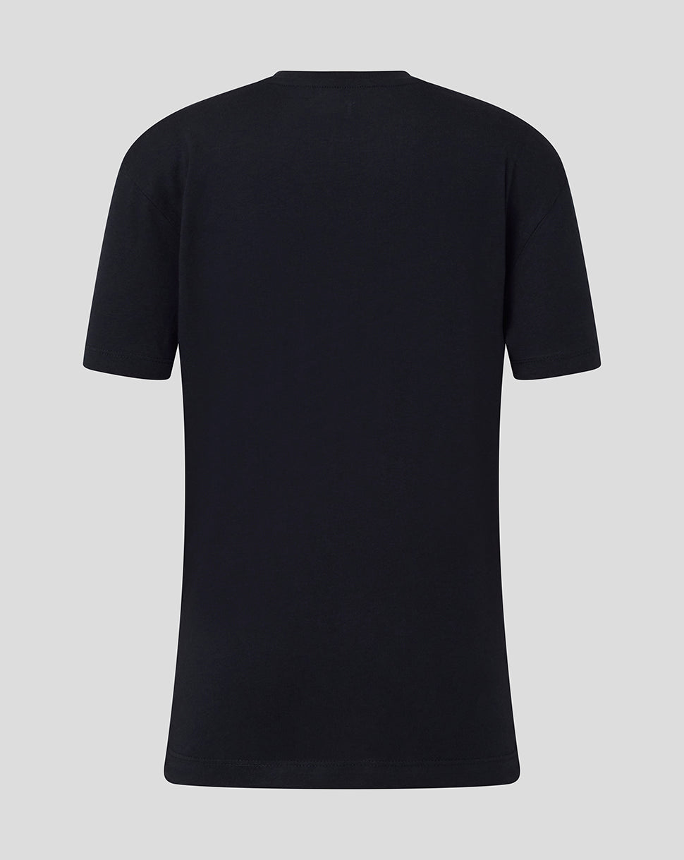 Back view of a black Harlequins Junior 25/26 Varsity T-Shirt with a plain design