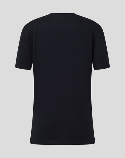 Back view of a black Harlequins Junior 25/26 Varsity T-Shirt with a plain design