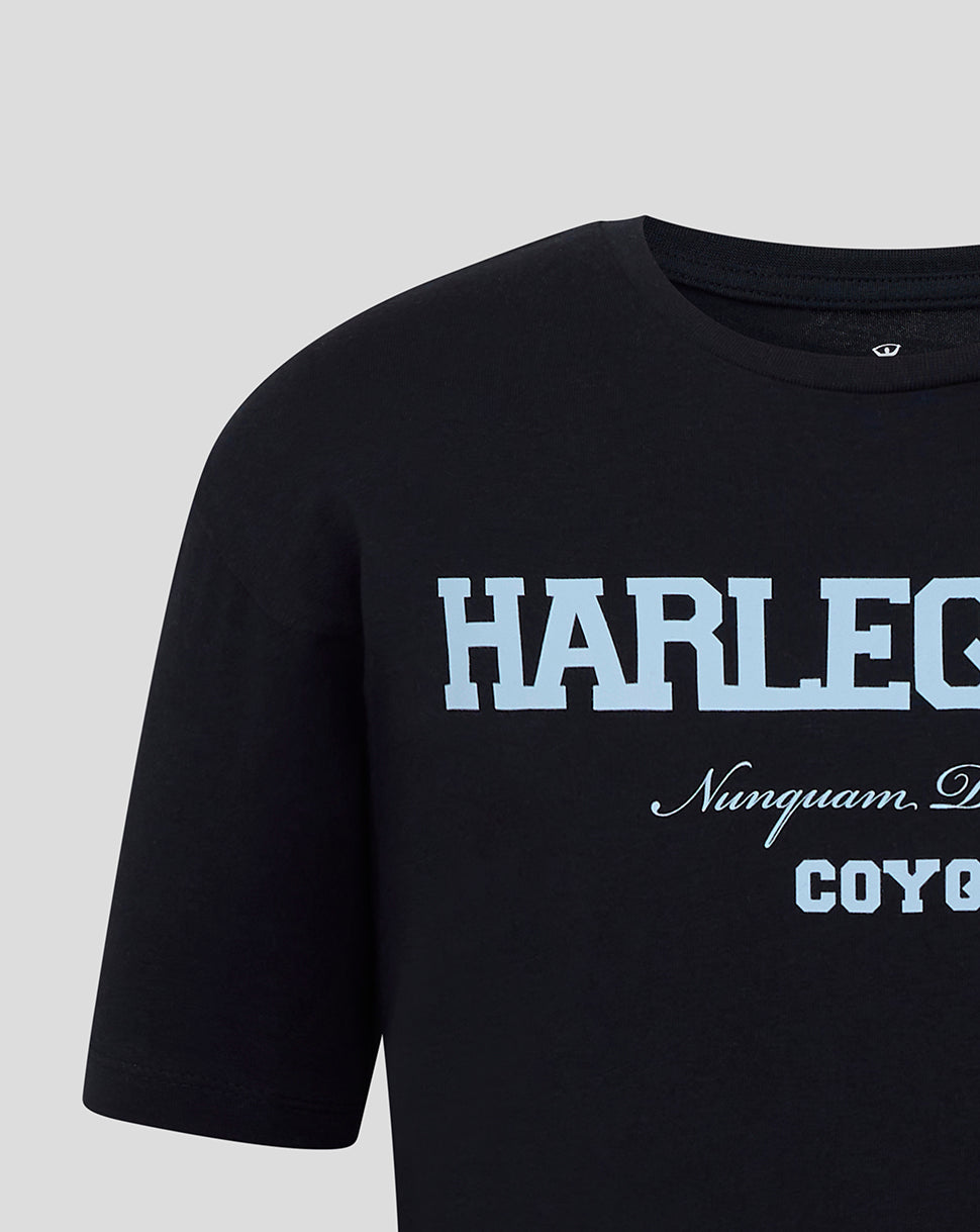 Black Harlequins Junior 25/26 Varsity T-Shirt with light blue block lettering across the chest