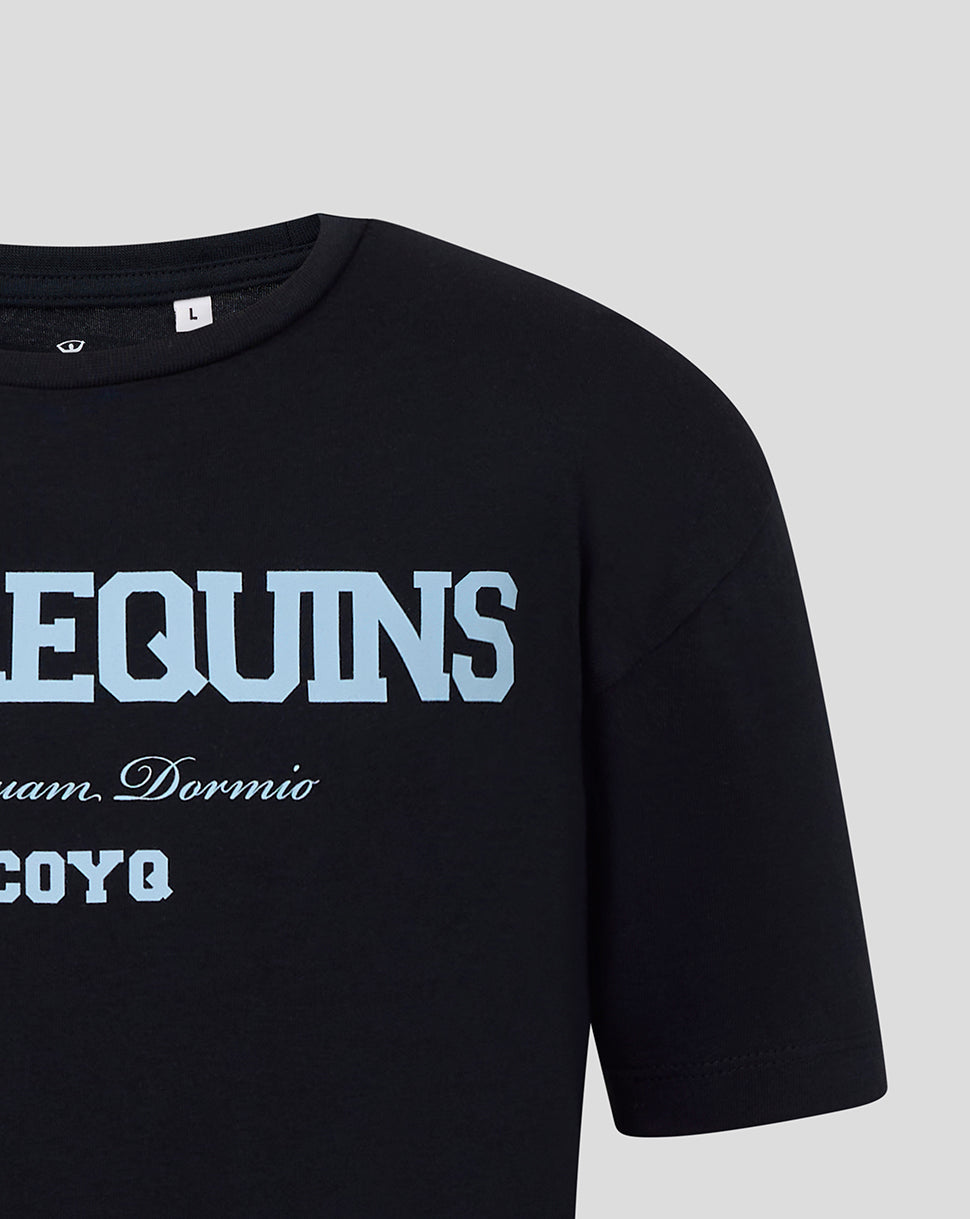 Front view of a black Harlequins Junior 25/26 Varsity T-Shirt showing light blue HARLEQUINS lettering across the chest