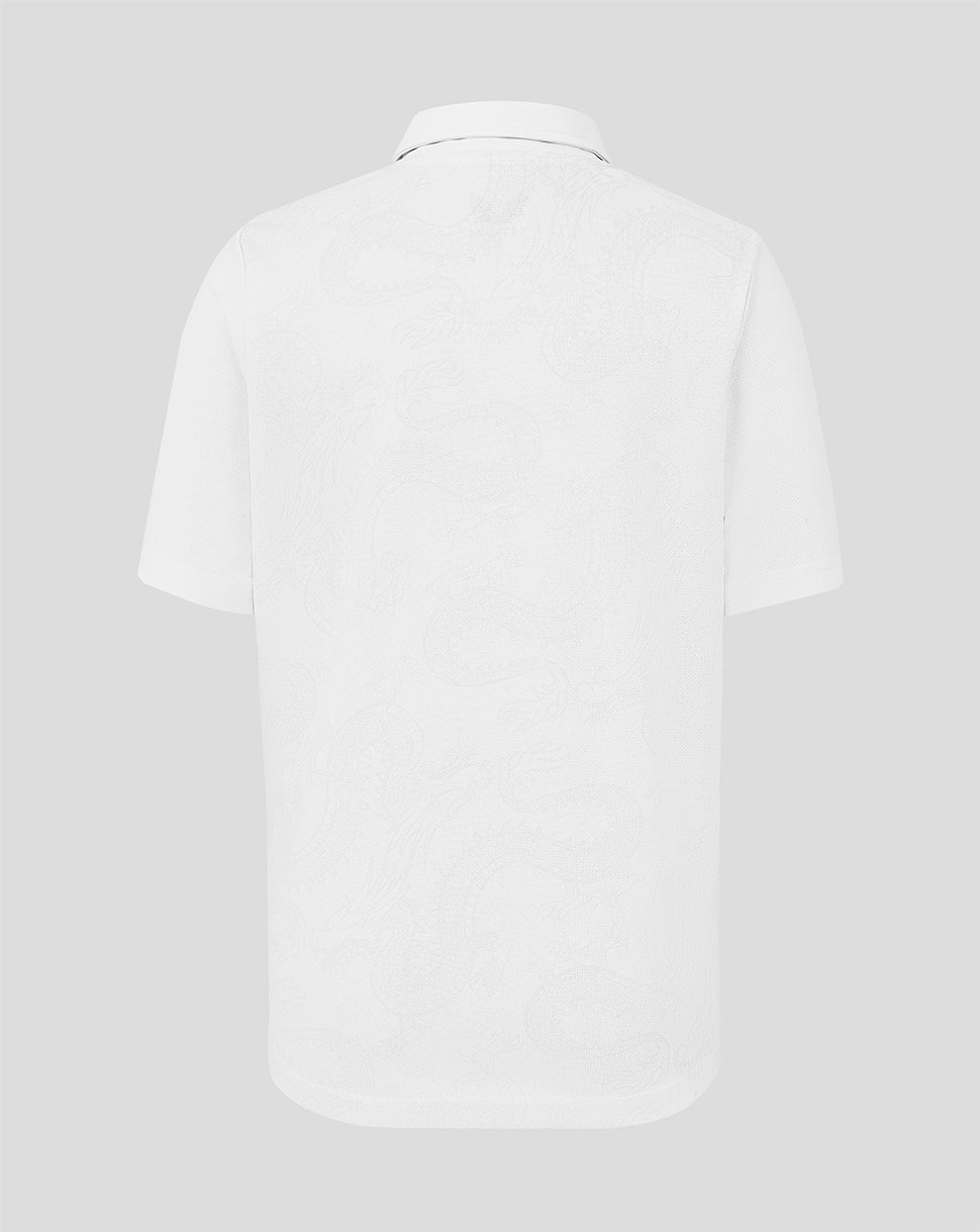 White polo shirt on a light gray background