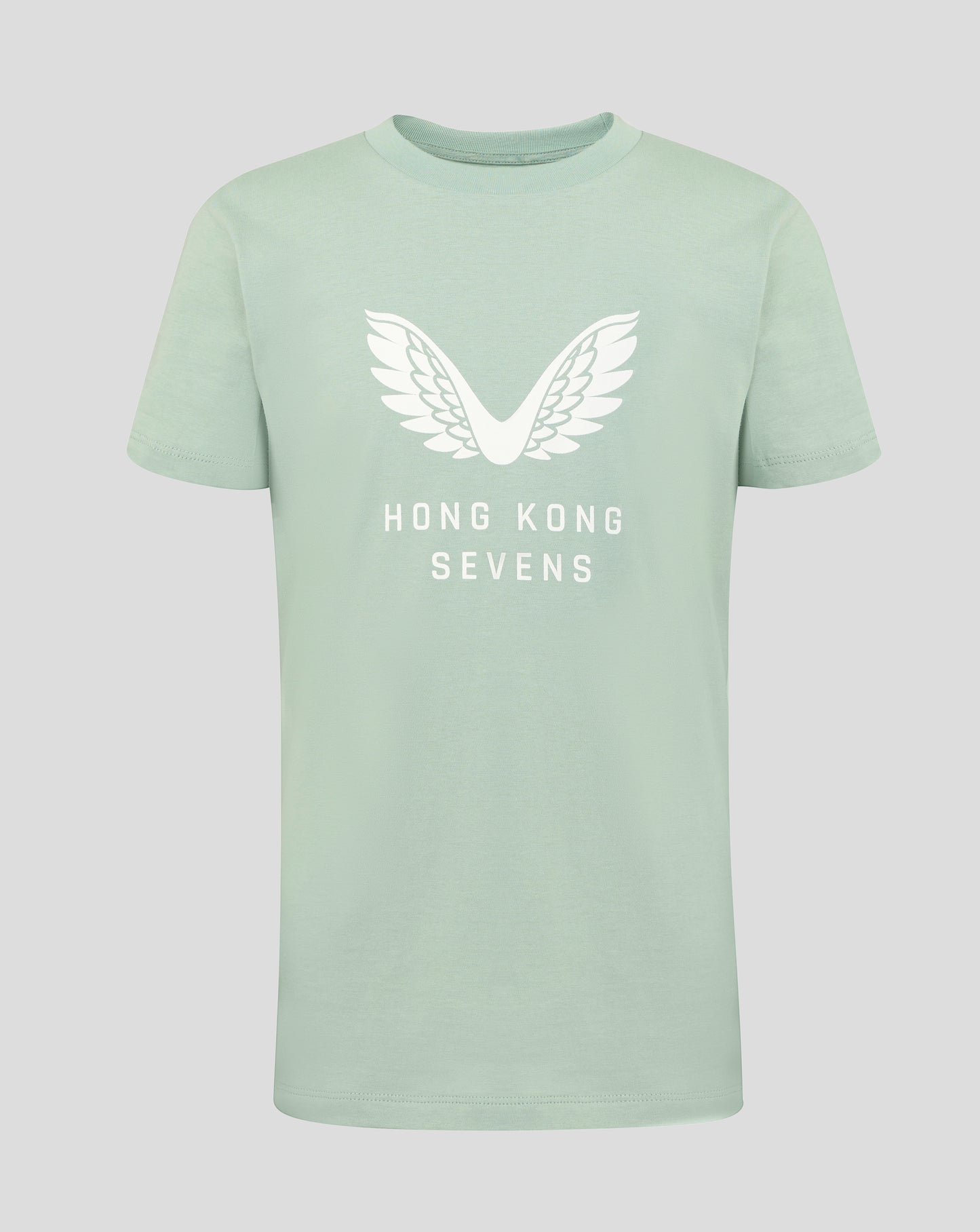 Pastel green junior tee with a white wing graphic and Hong Kong Sevens lettering.
