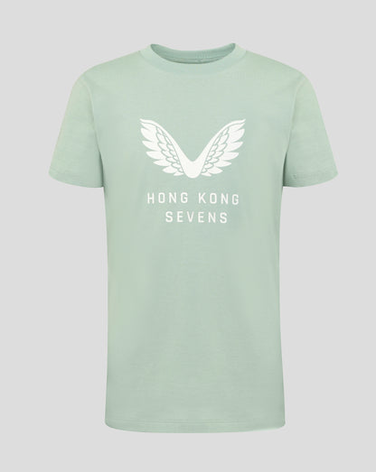 Pastel green junior tee with a white wing graphic and Hong Kong Sevens lettering.