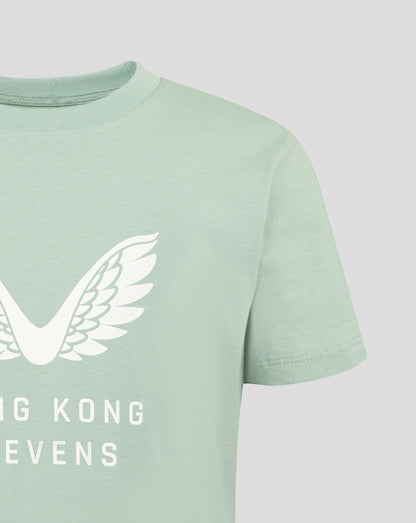 Close up of the Aloe Junior Big Wings T shirt neck and shoulder with a partial white wing graphic.