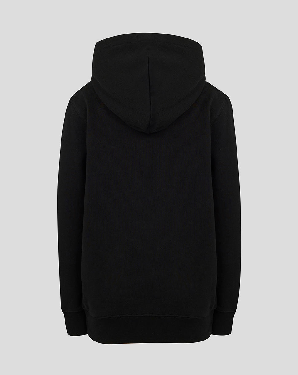 Back view of black hoodie with hood up showing a plain back
