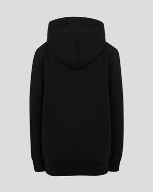 Back view of black hoodie with hood up showing a plain back