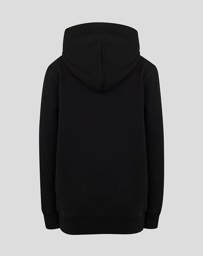 Back view of black hoodie with hood up showing a plain back