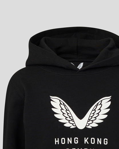 Close up of white wing emblem and Hong Kong Sevens text on black hoodie chest