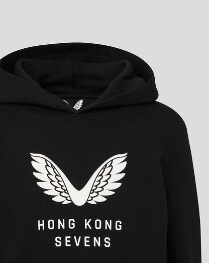 Black hoodie with a bold white wing logo and Hong Kong Sevens branding on the chest