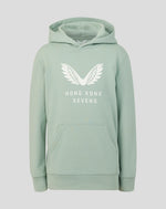 Aloe green junior hoodie with a large white wings graphic on the chest and a front kangaroo pocket