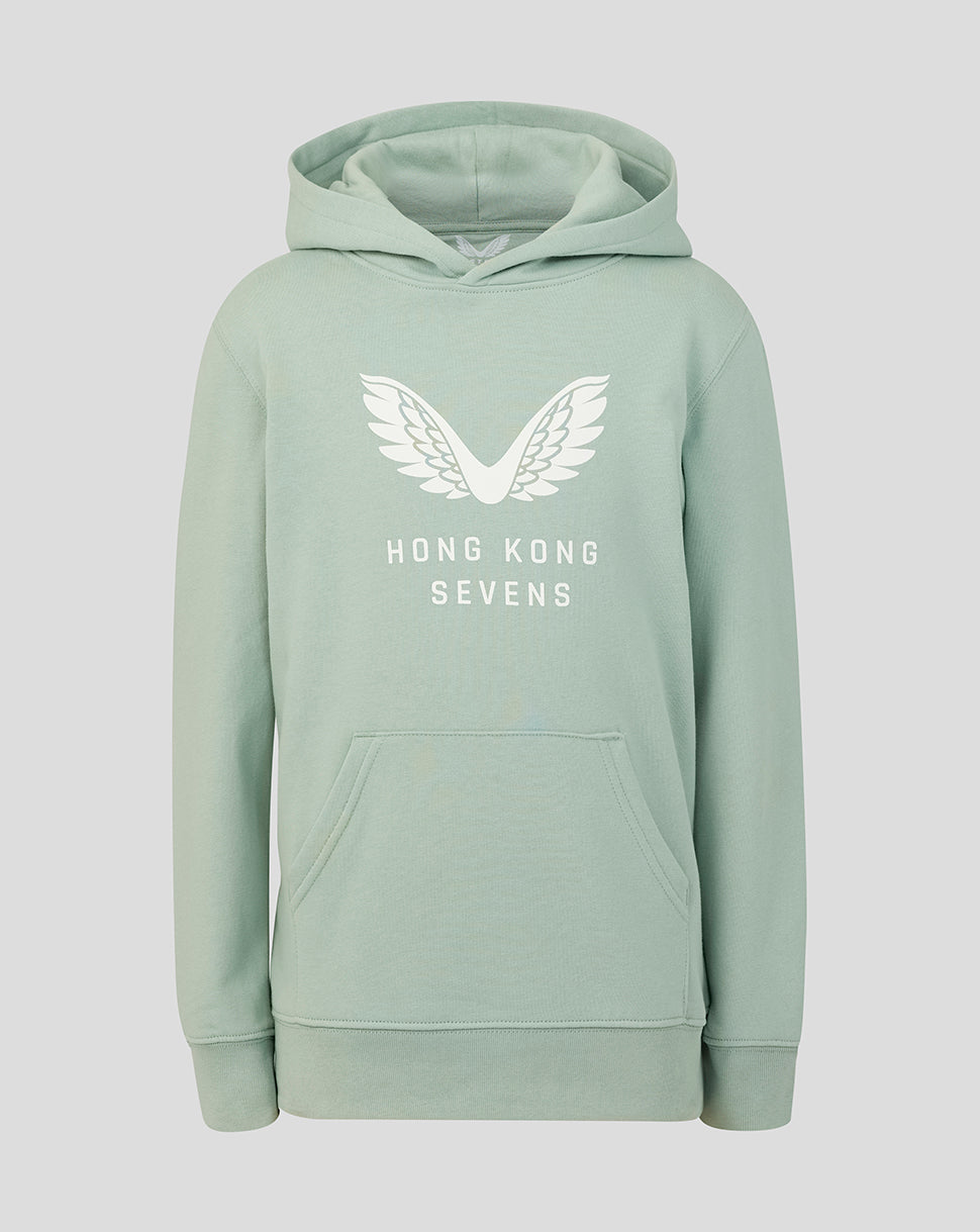 Aloe green junior hoodie with a large white wings graphic on the chest and a front kangaroo pocket