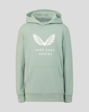 Aloe green junior hoodie with a large white wings graphic on the chest and a front kangaroo pocket