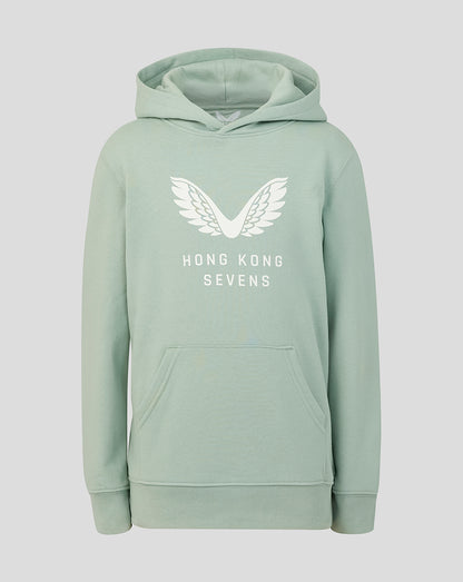 Aloe green junior hoodie with a large white wings graphic on the chest and a front kangaroo pocket