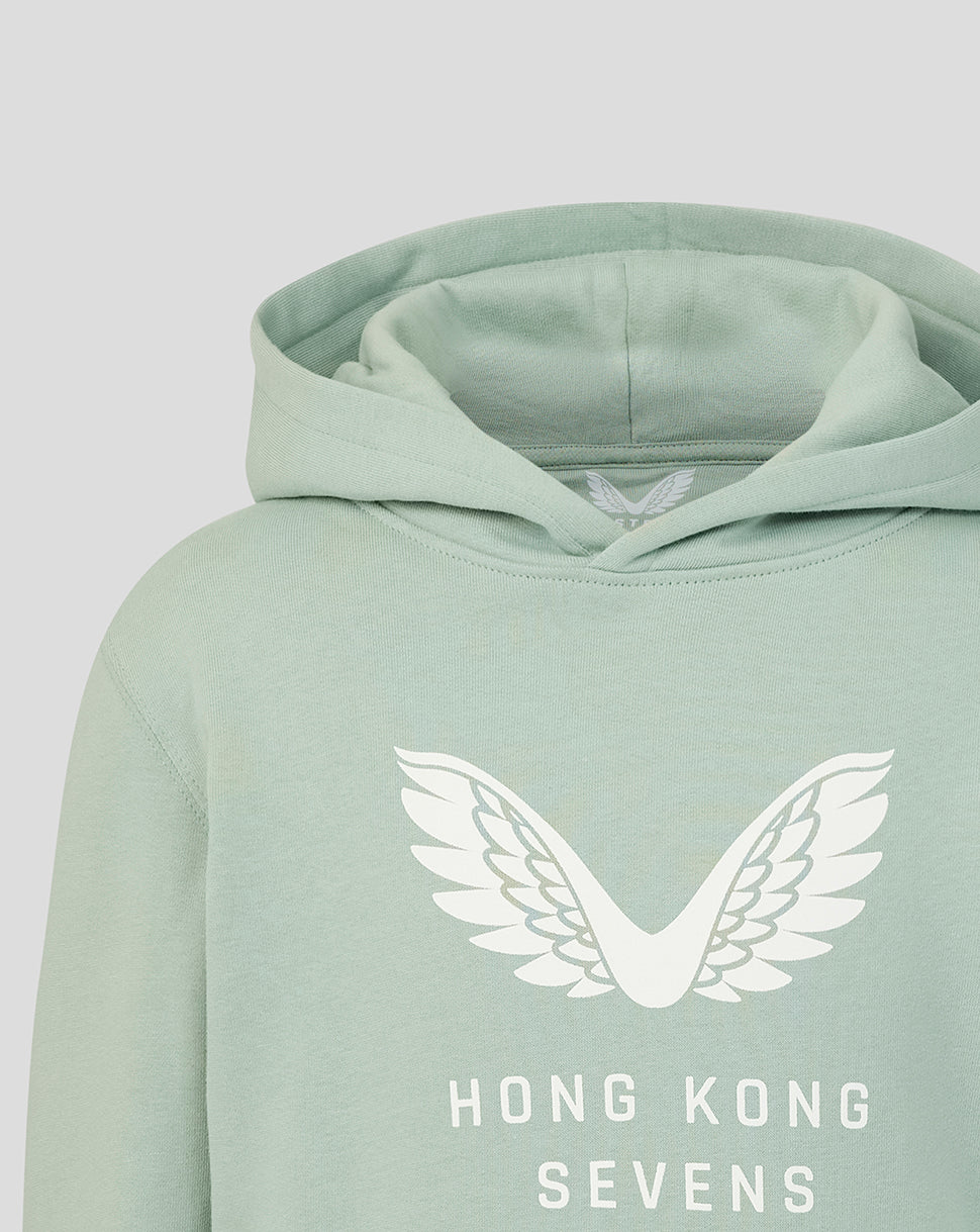 Close up of Aloe hoodie hood and neck area showing white wing logo at the collar.