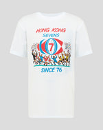 Front view of a white Hong Kong Sevens retro T shirt featuring a colorful illustration of players around a bold ball marked with 7.