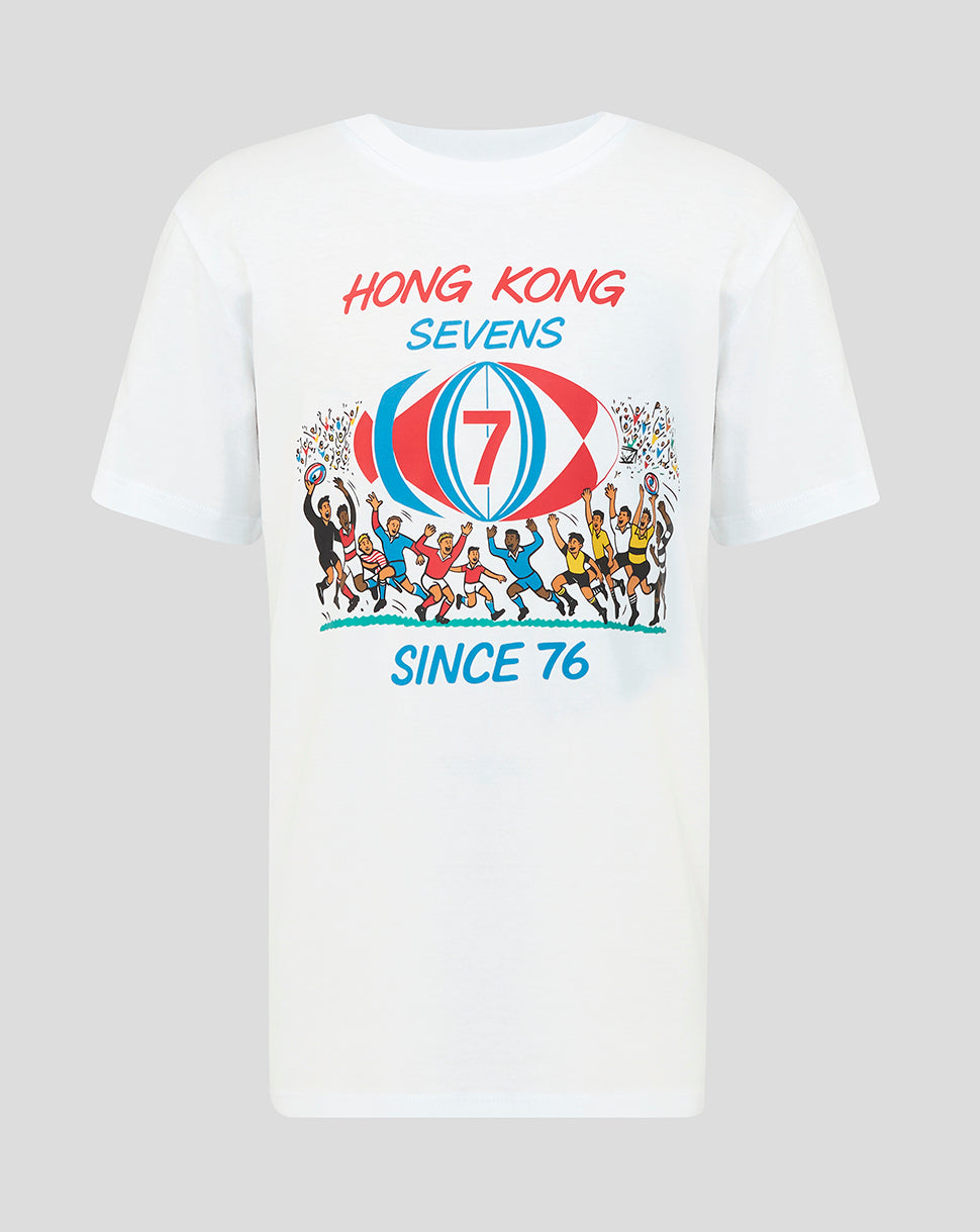 Front view of a white Hong Kong Sevens retro T shirt featuring a colorful illustration of players around a bold ball marked with 7.