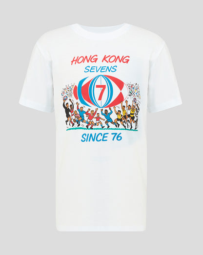 Front view of a white Hong Kong Sevens retro T shirt featuring a colorful illustration of players around a bold ball marked with 7.