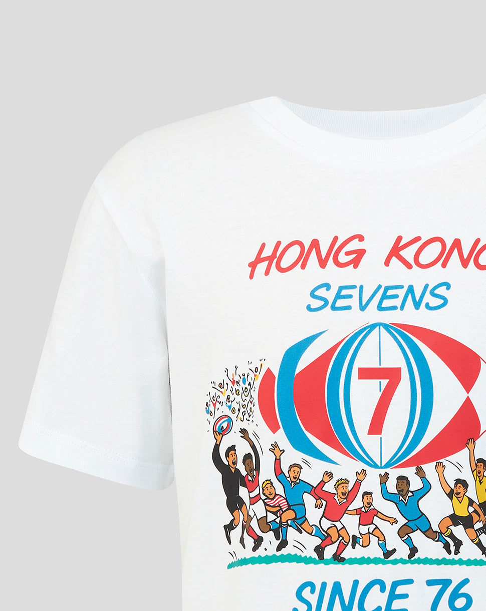 Close up of the front design on a white T shirt showing red Hong Kong Sevens text and a colorful spherical rugby motif.