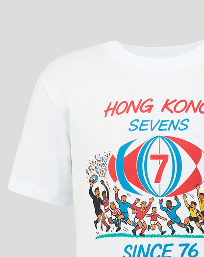 Close up of the front design on a white T shirt showing red Hong Kong Sevens text and a colorful spherical rugby motif.