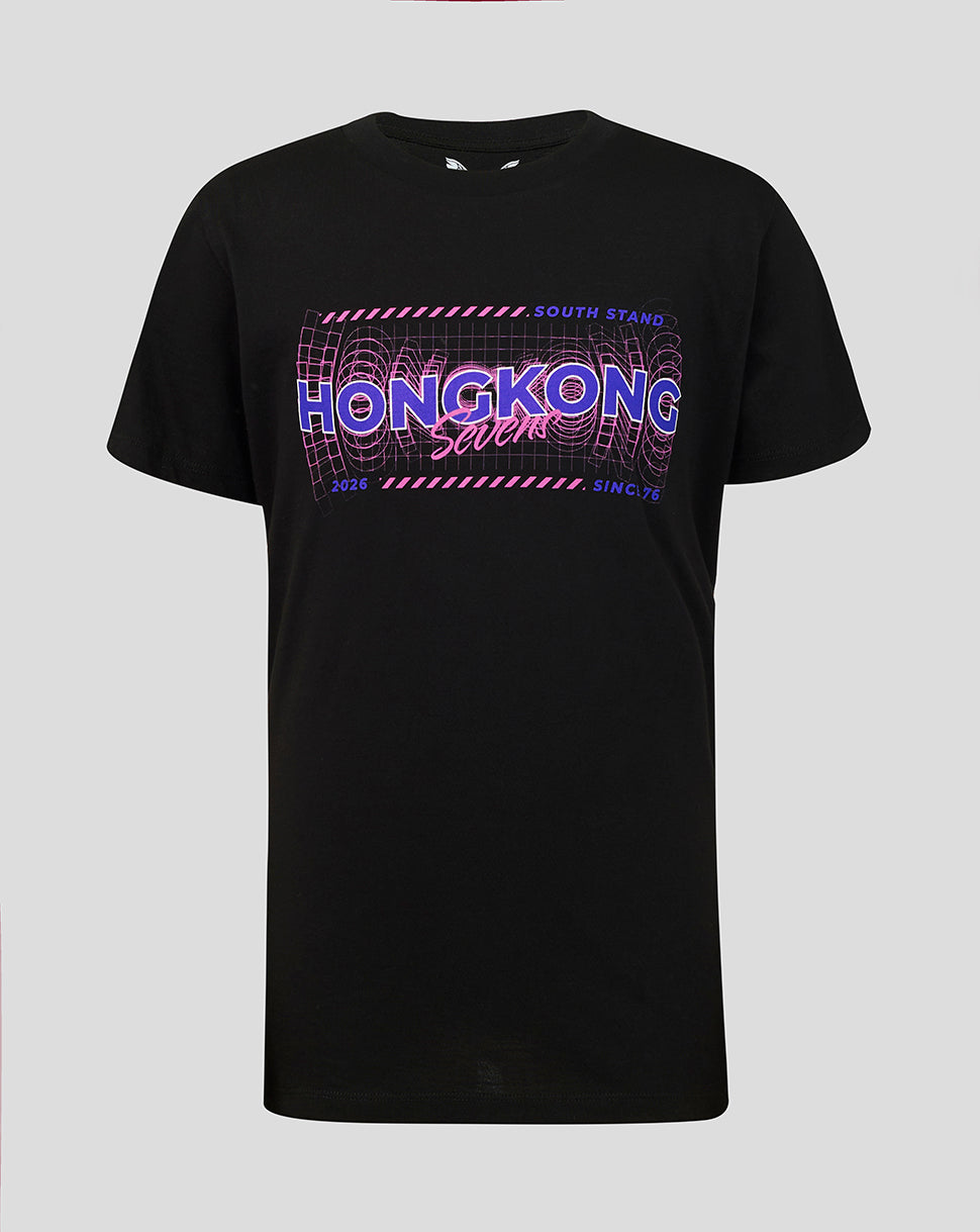 Front view of black Hong Kong Sevens junior T shirt with neon pink purple retro graphic across chest