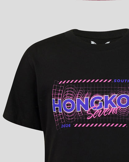 Close up of front graphic on black T shirt with Hong Kong Sevens text in purple over a neon grid