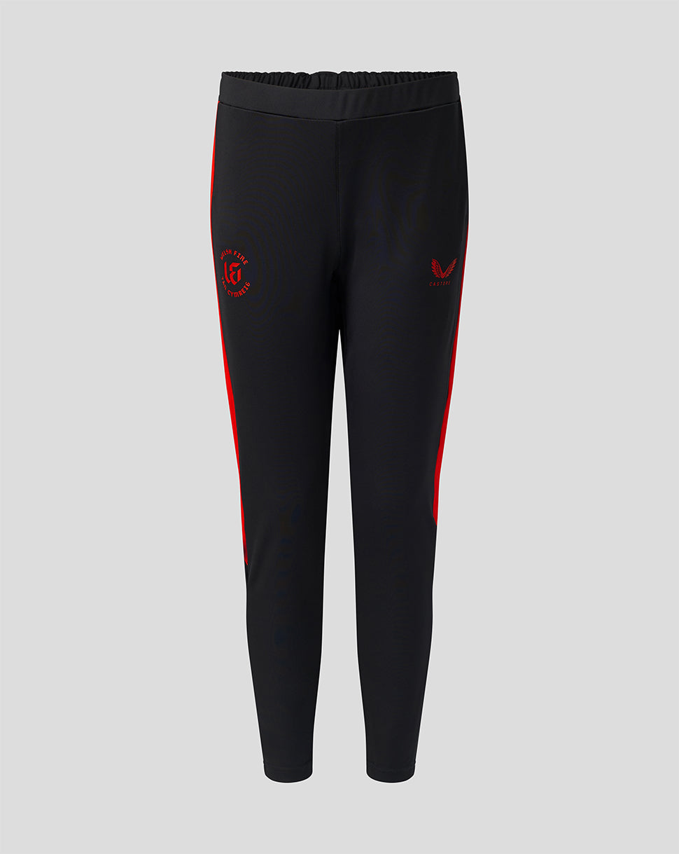 Front view of black slim fit pants with red side panels and Welsh Fire branding on the thigh