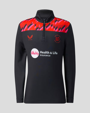 Junior Welsh Fire 2026 performance quarter zip top in black with red graphic shoulder panels and branding