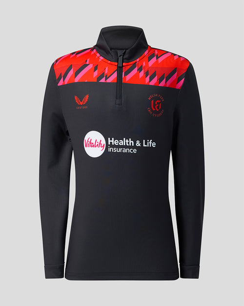 Junior Welsh Fire 2026 performance quarter zip top in black with red graphic shoulder panels and branding