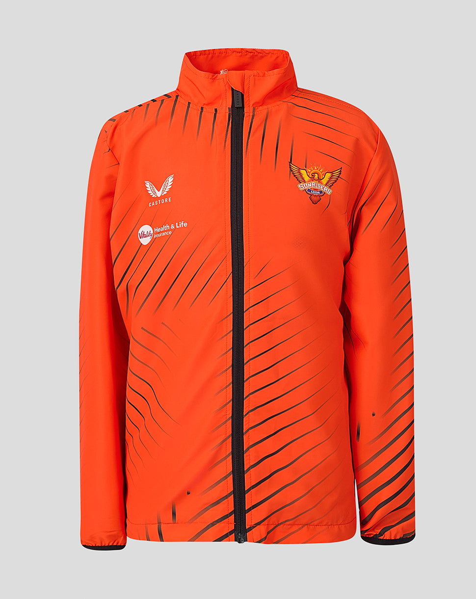 Juniors Sunrisers Leeds The Hundred Woven Pre Match Jacket bright orange with crest and sponsor logos