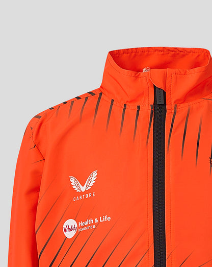 Orange jacket with chest crest and sponsor logos, black zipper down the front and diagonal stripes.