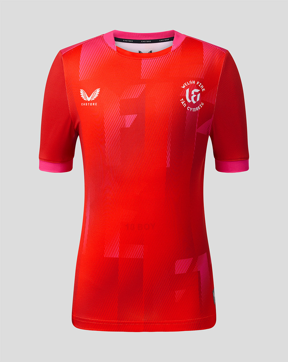 Welsh Fire junior 2026 short sleeve stretch jersey front view red with bold geometric print crest and sponsor logos