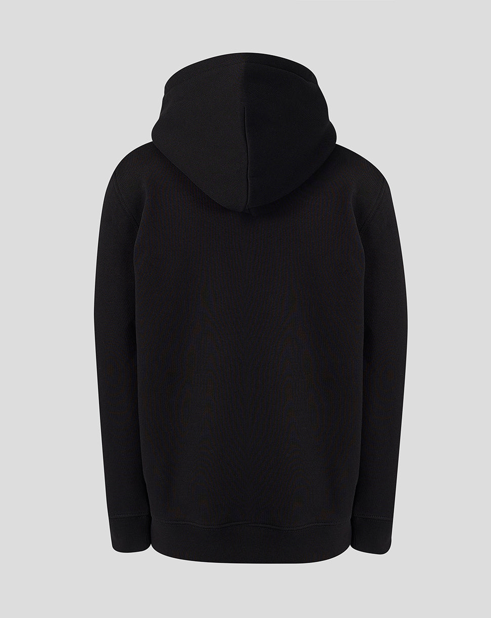 Back view of black Juniors Sunrisers Leeds hoodie with hood.