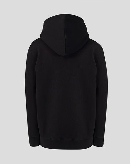 Back view of black Juniors Sunrisers Leeds hoodie with hood.