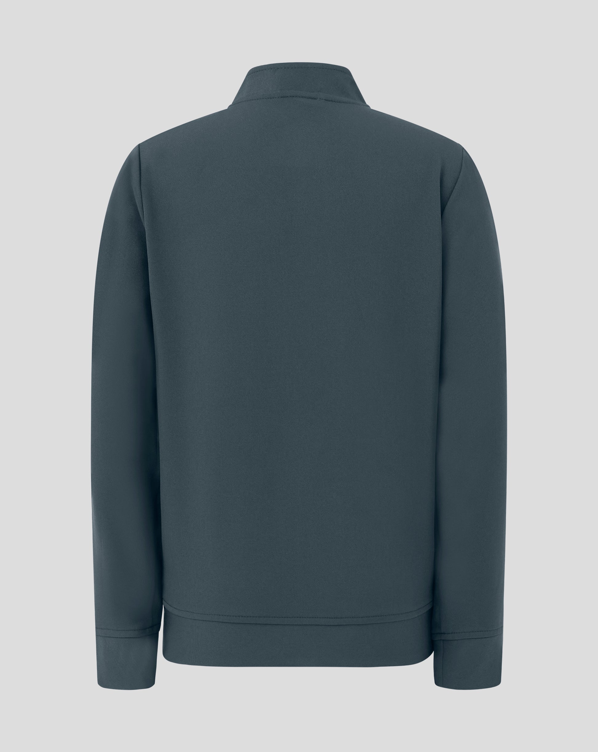 Rear view of Junior Track Jacket in dark slate showing simple silhouette and raised collar.