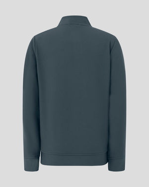 Rear view of Junior Track Jacket in dark slate showing simple silhouette and raised collar.