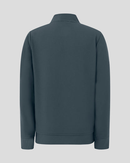 Rear view of Junior Track Jacket in dark slate showing simple silhouette and raised collar.