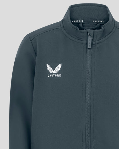 Back view of Junior Track Jacket in dark slate highlighting clean lines and smooth fabric.