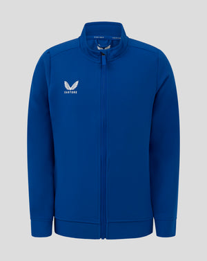 Blue funnel neck track jacket with full front zipper and white Castore logo on the left chest