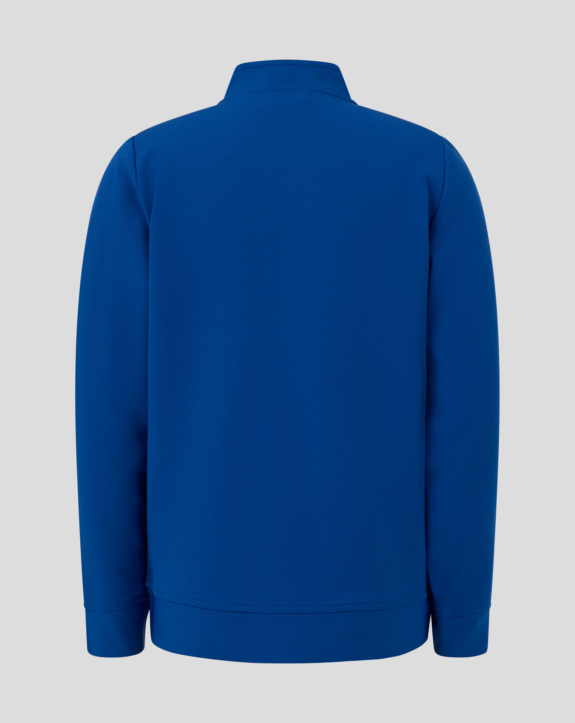 Back view of bright blue junior track jacket with funnel neck and clean seam lines