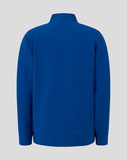 Back view of bright blue junior track jacket with funnel neck and clean seam lines