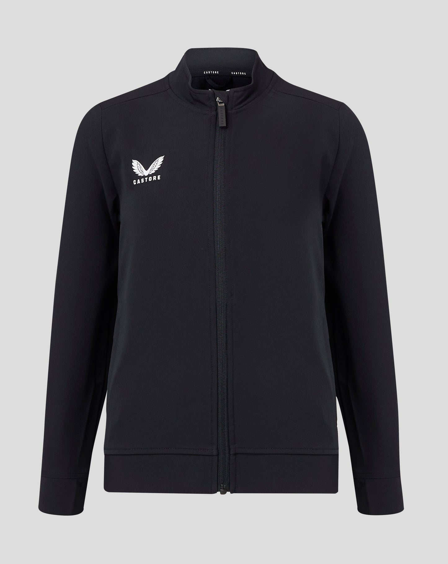 Black junior track jacket with stand collar and full front zipper featuring white Castore logo on the left chest