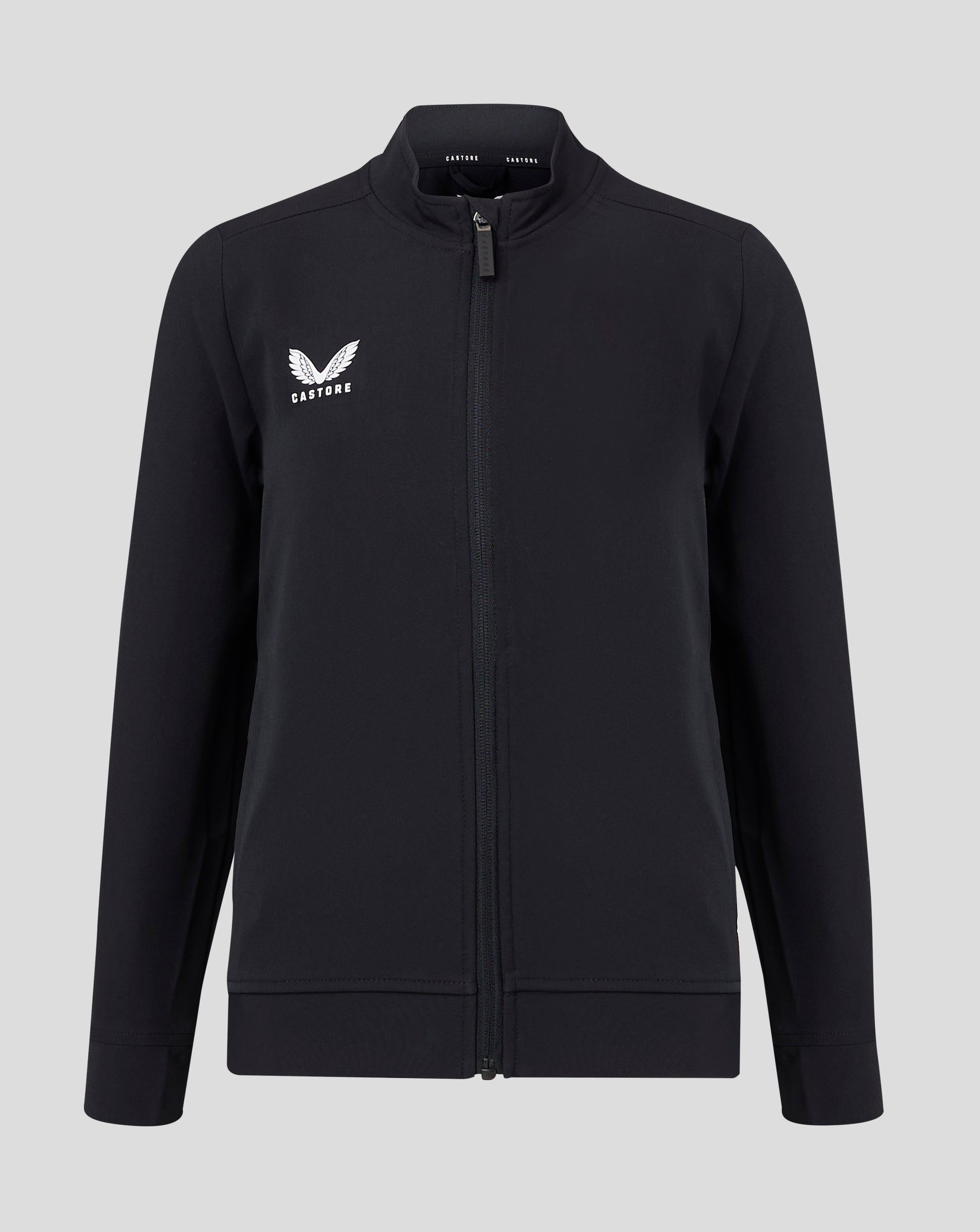 Black junior track jacket with stand collar and full front zipper featuring white Castore logo on the left chest
