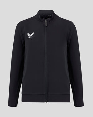 Black junior track jacket with stand collar and full front zipper featuring white Castore logo on the left chest