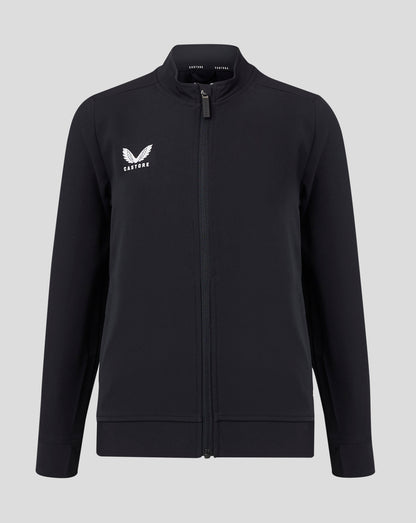 Black junior track jacket with stand collar and full front zipper featuring white Castore logo on the left chest