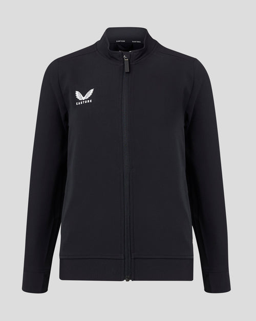 Black junior track jacket with stand collar and full front zipper featuring white Castore logo on the left chest