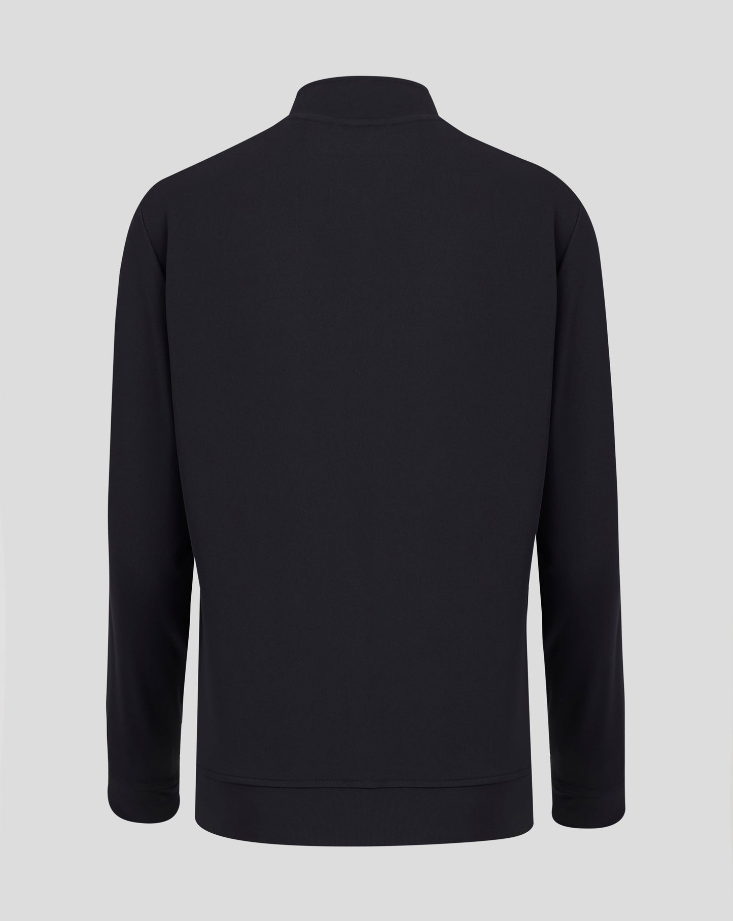 Back view of black junior track jacket with high collar and clean silhouette