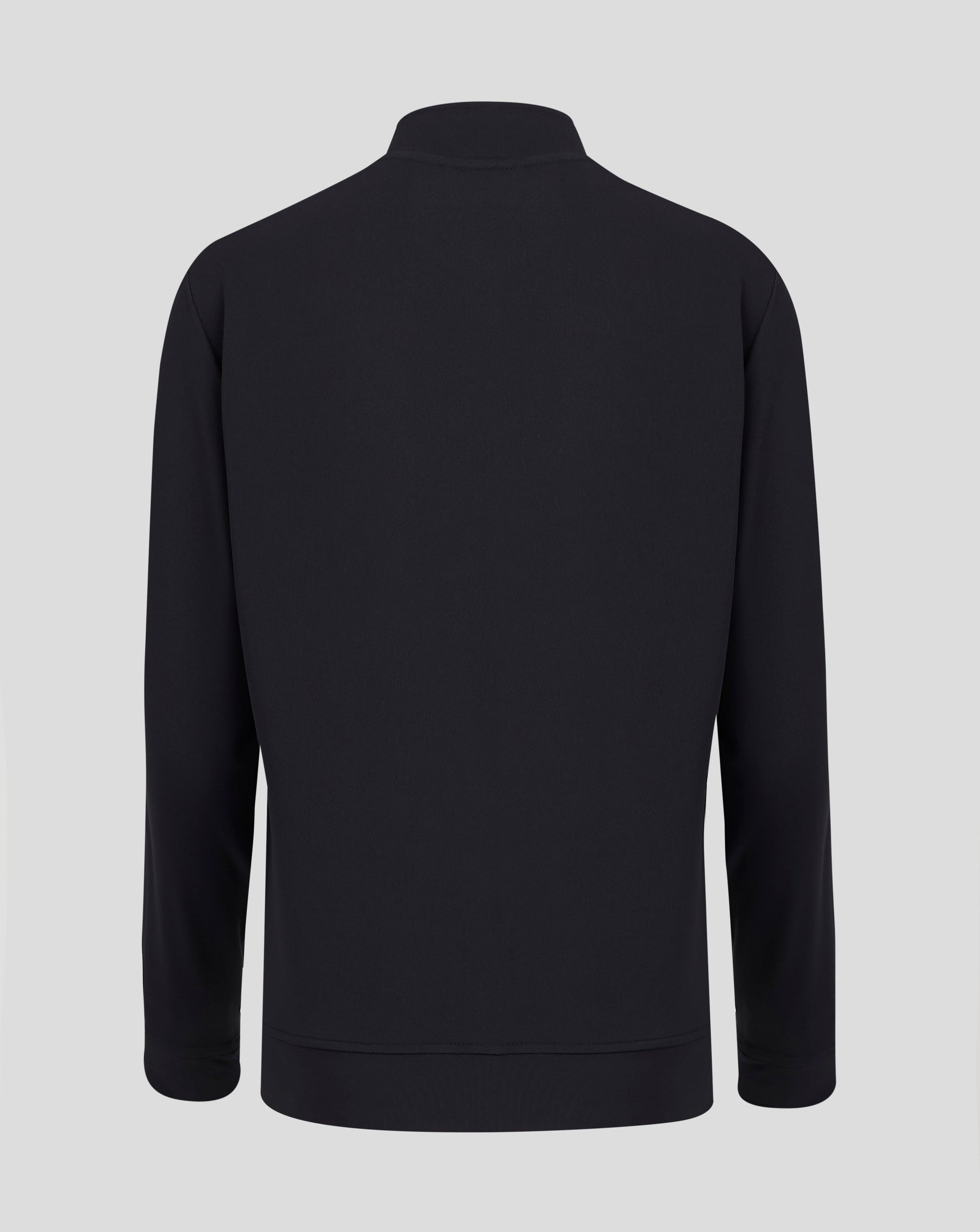 Back view of black junior track jacket with high collar and clean silhouette